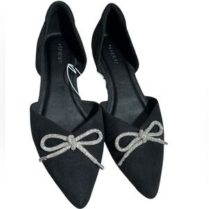 D’orsay black flats faux leather suede bling rhinestone pave bow front 8